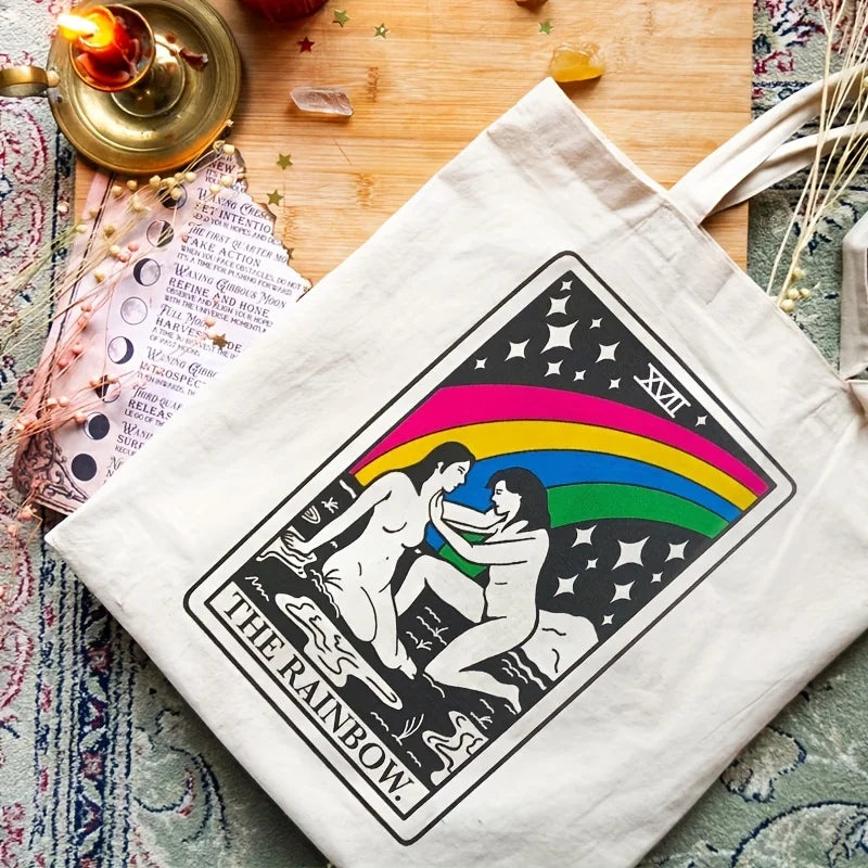 1Pc the Rainbow LGBT Gift Beige Hand Luggage Lesbian Sapphic Tarot Card Tote Bag Witchy WLW Shopping Bag Eco Bag for Pride Month