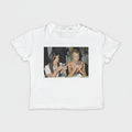 White t-shirt with a graphic of two divas on a brown background